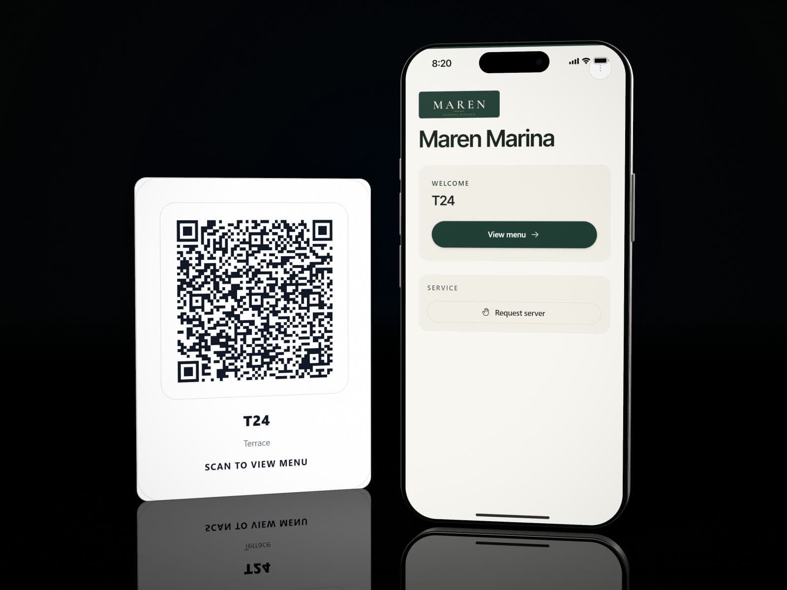 Digital menu on a phone reached from a QR code at the table, with photos, set menus and ordering straight to the kitchen