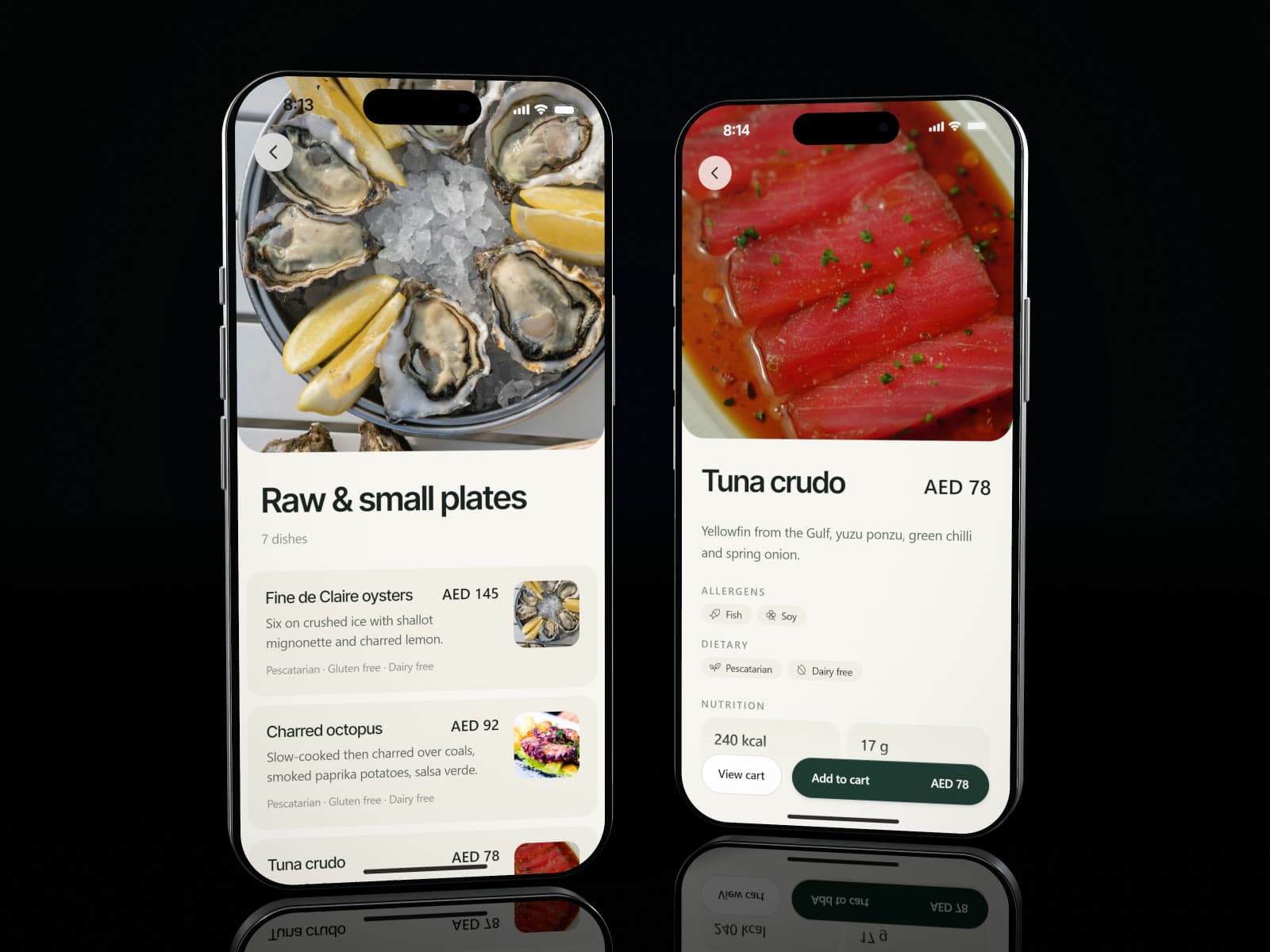 QR code menu on a phone with dish descriptions, prices and dietary tags for ordering from the table