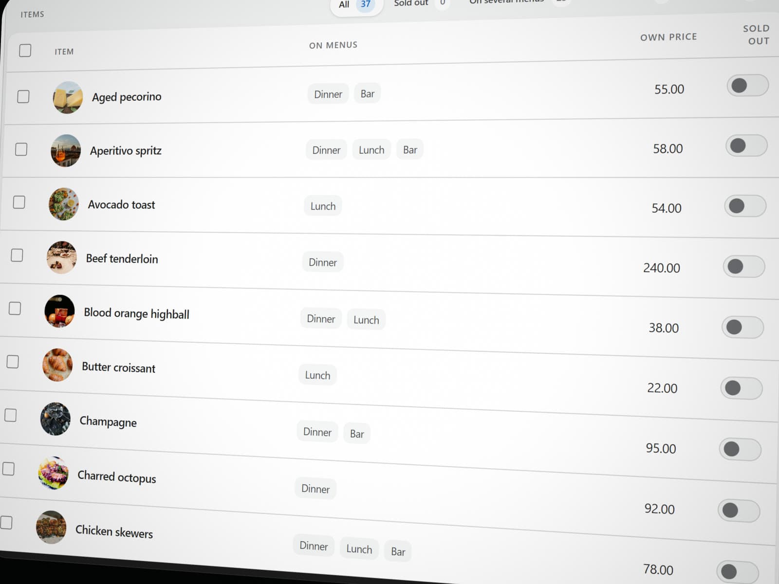 Menu items list with photos, prices and sold-out toggles in servearound's digital menu software
