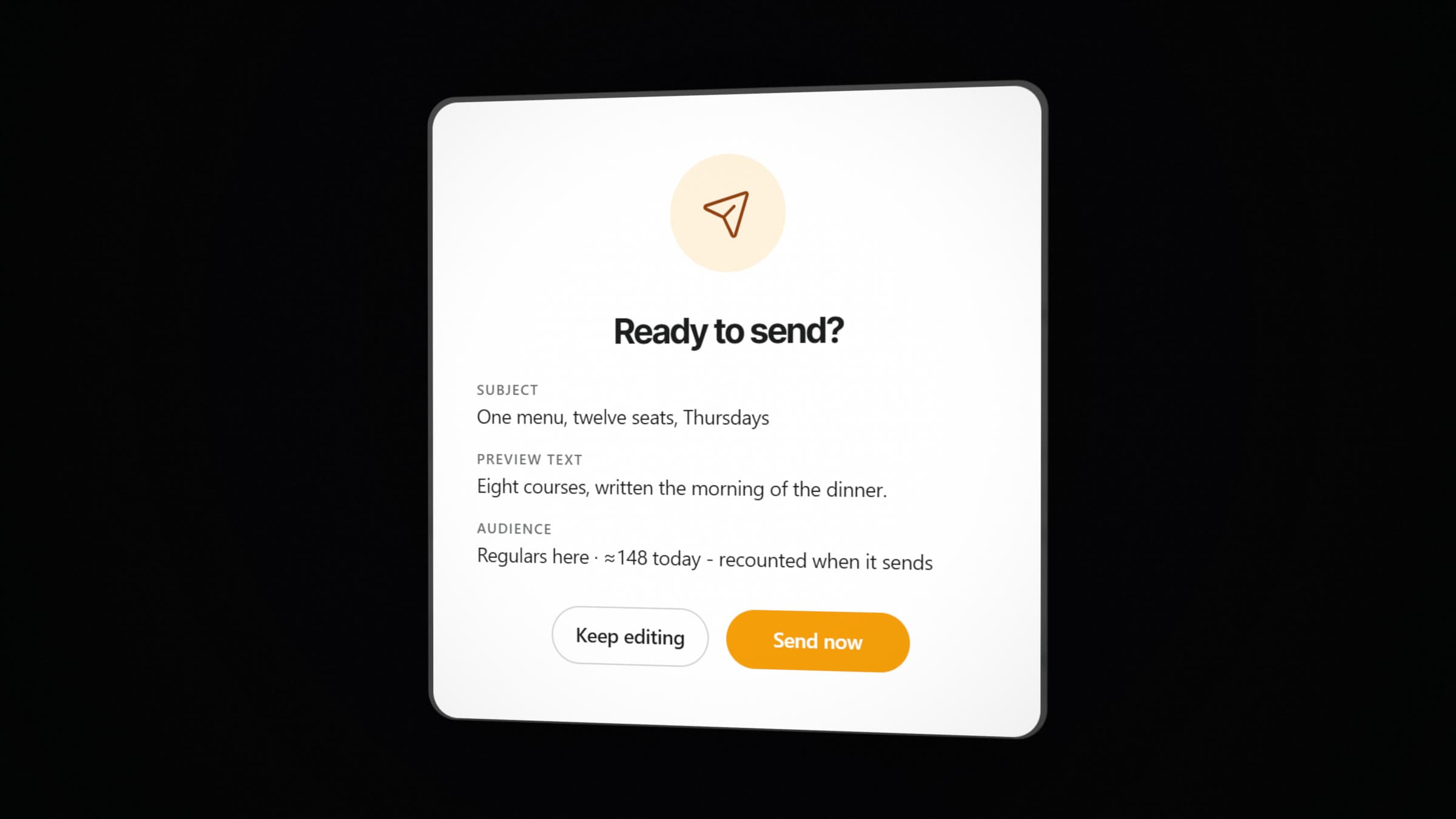 The check before sending: the subject, the preview text and the audience it reaches, with nothing sent until it is confirmed