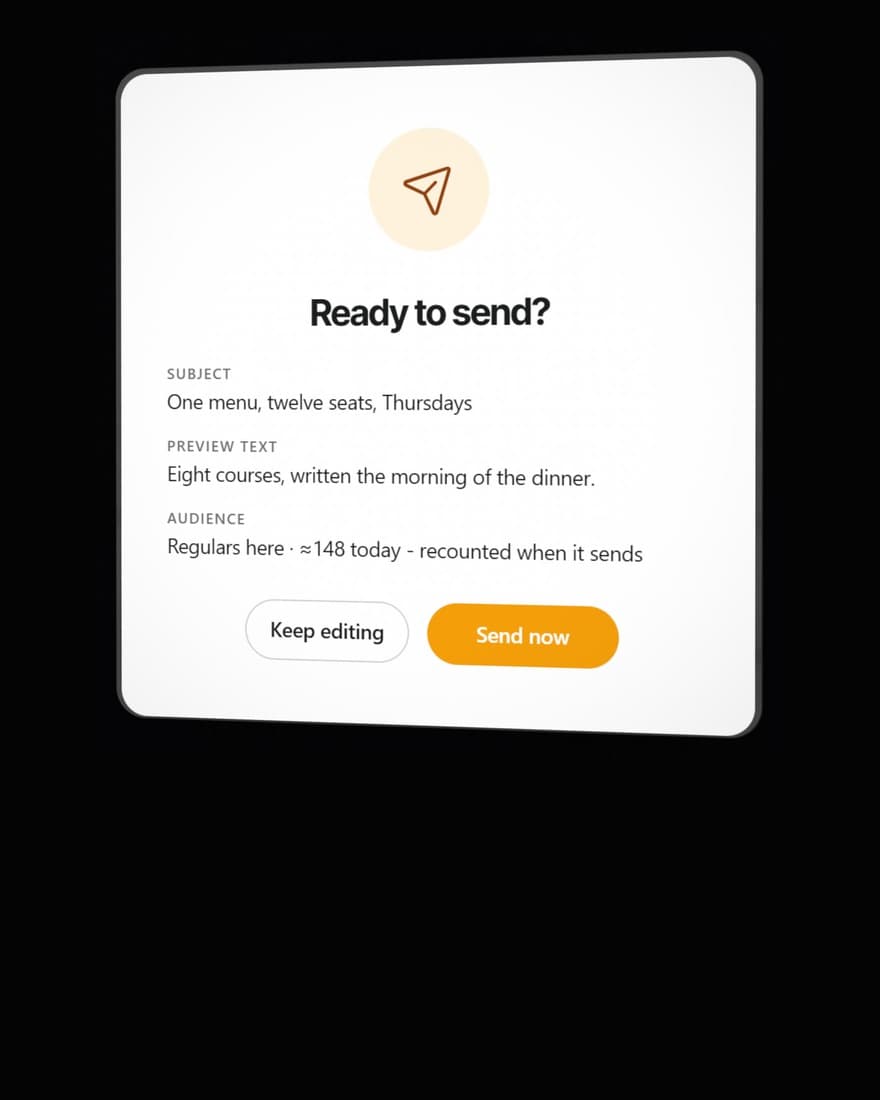 The check before sending: the subject, the preview text and the audience it reaches, with nothing sent until it is confirmed