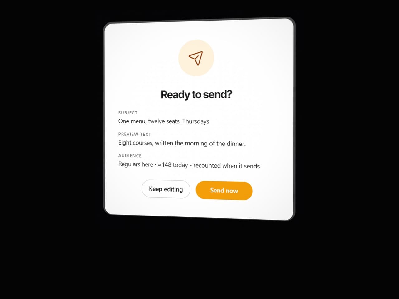 The check before sending: the subject, the preview text and the audience it reaches, with nothing sent until it is confirmed