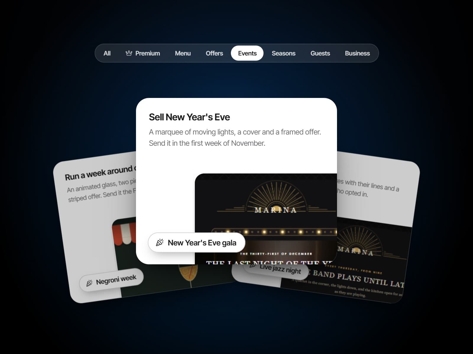 Campaign templates in a gallery, filtered to events, each with its own design