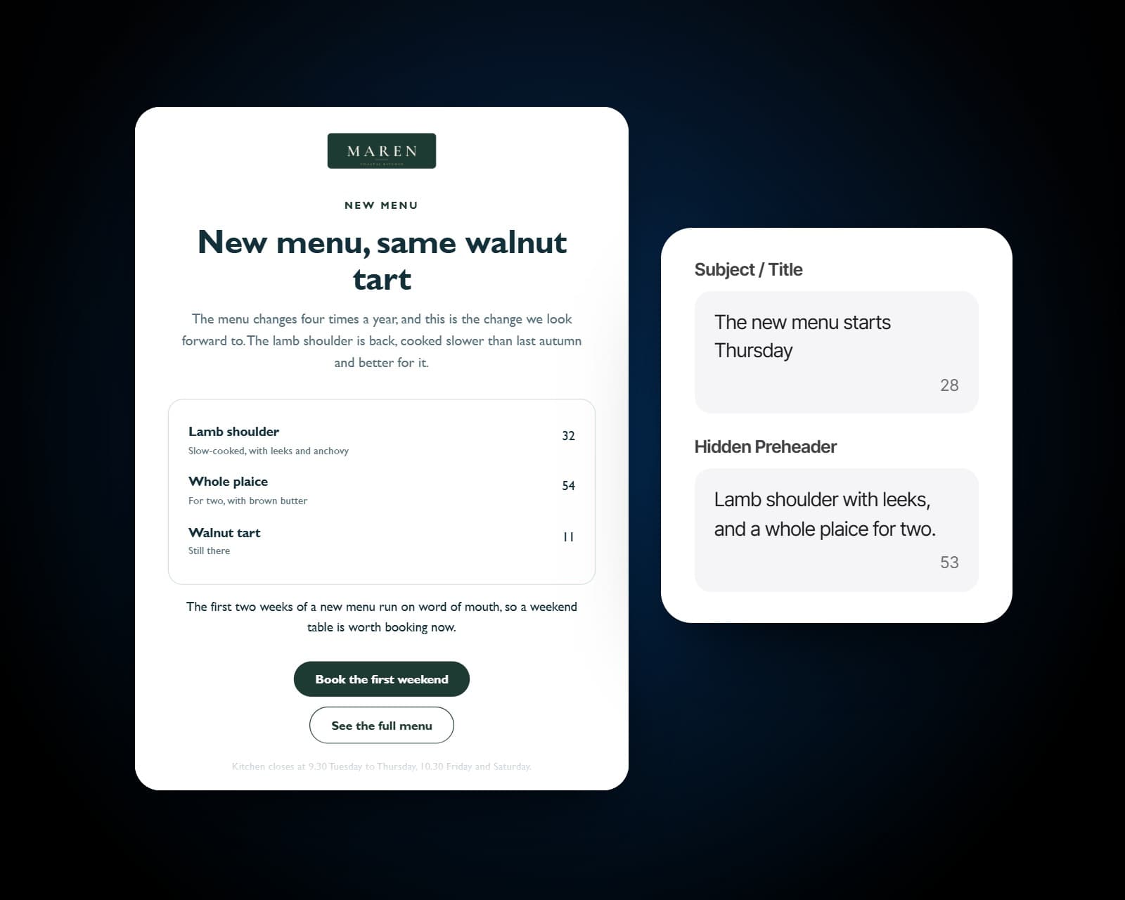 The campaign editor: the email's blocks in the venue's theme, with its subject line and preview text