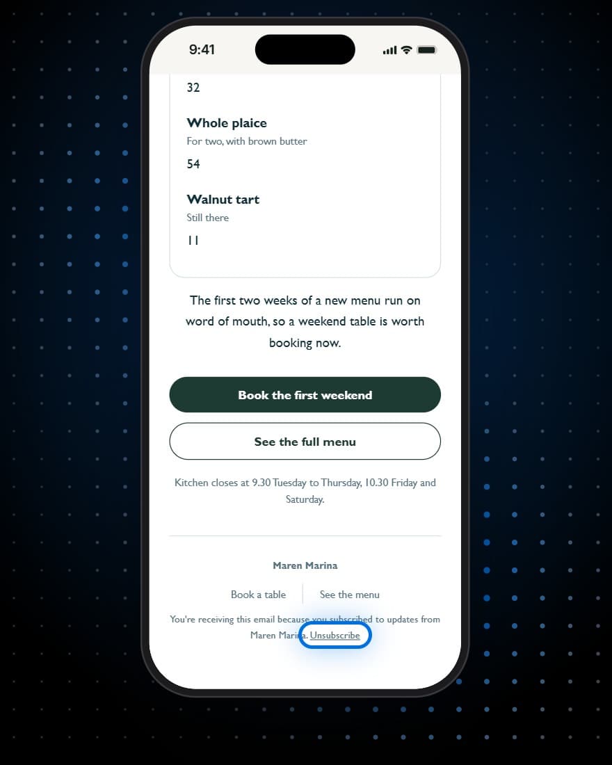 A campaign email on a phone in the venue's own theme, its head and its foot, with the unsubscribe link in the footer