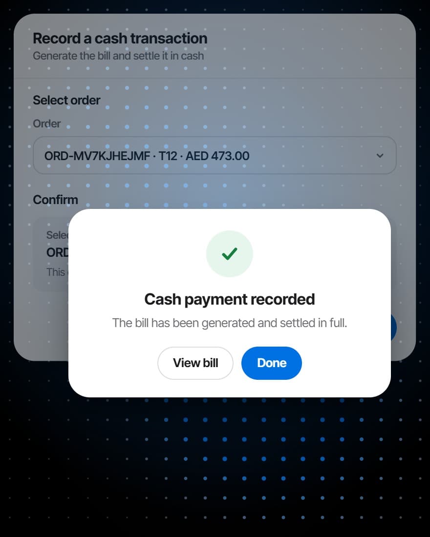 A cash payment recorded against a table's order, and the bill settled in full