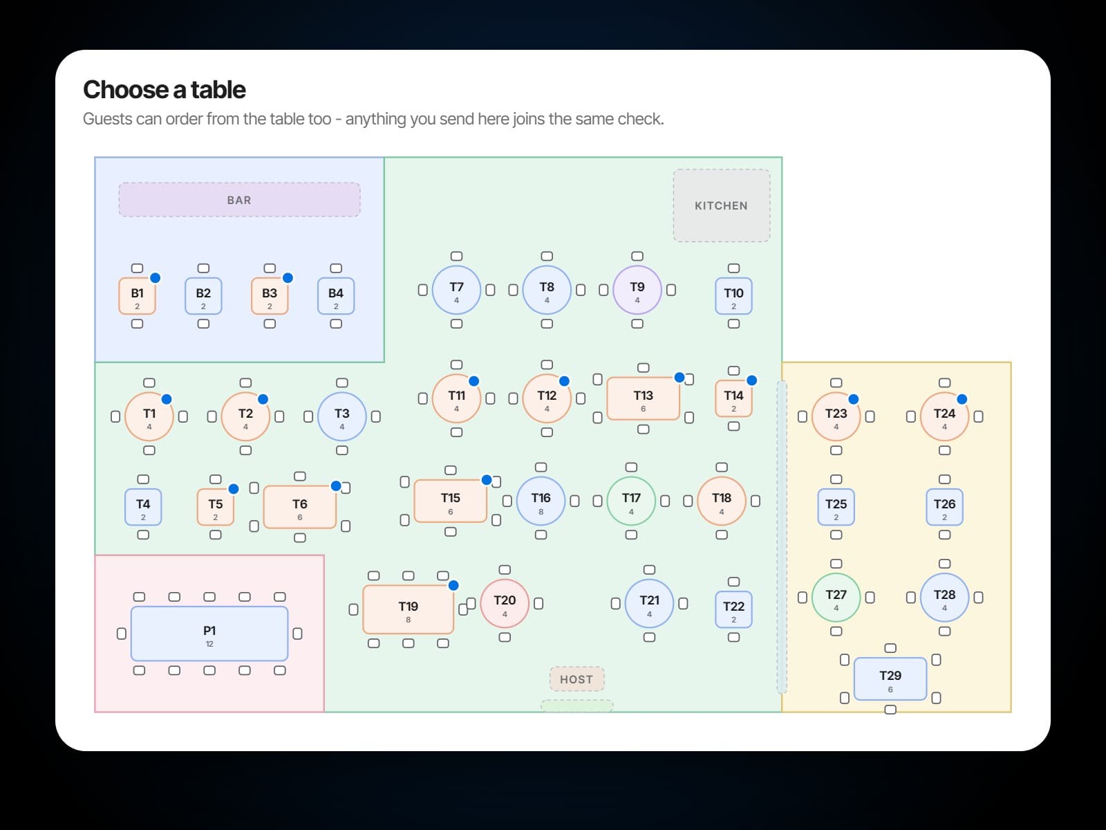 Choose a table on the point of sale: the floor plan with every table's state and a mark on each table with a check open
