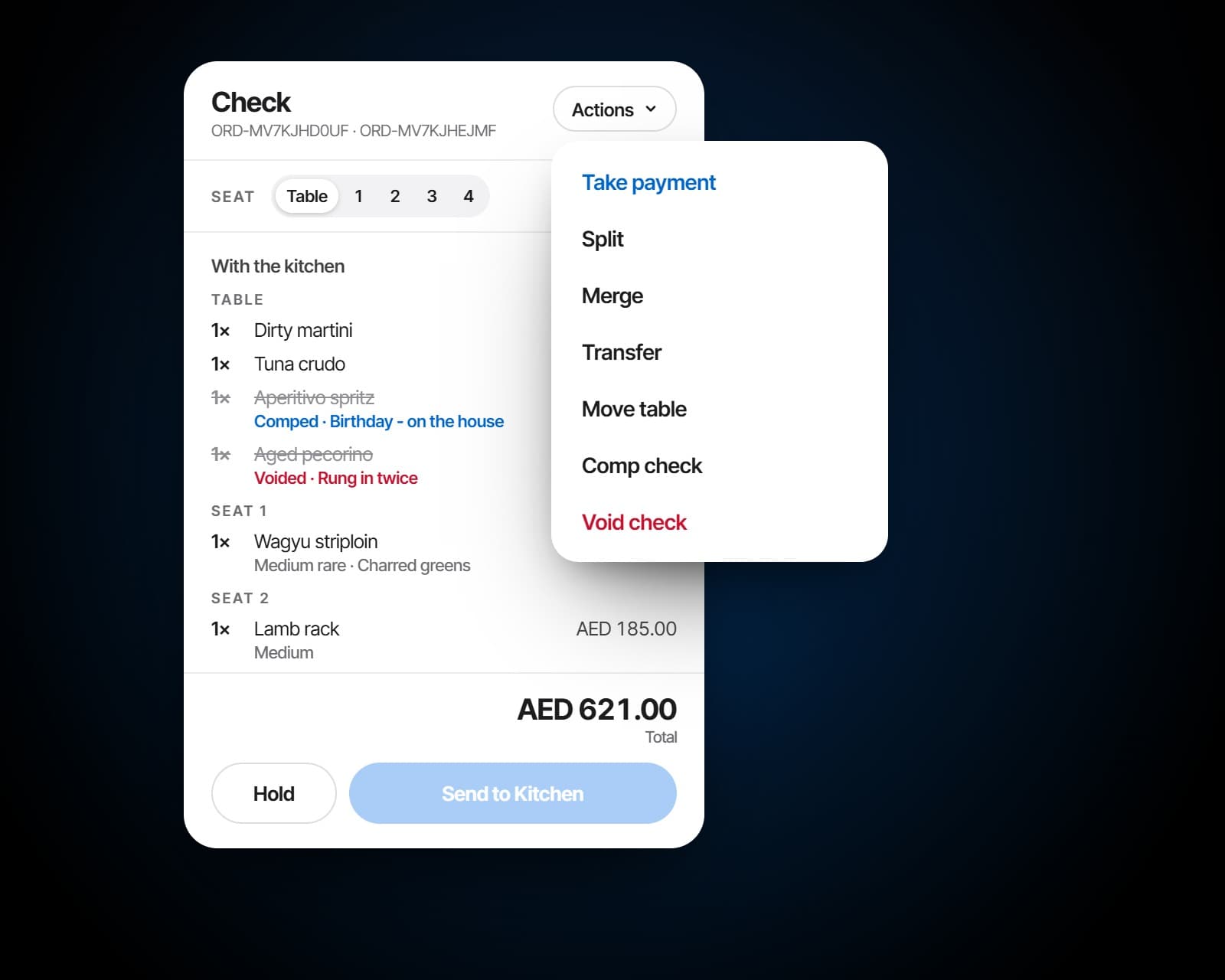 A check's actions on the point of sale: take payment, split, merge, transfer, move table, comp or void the check