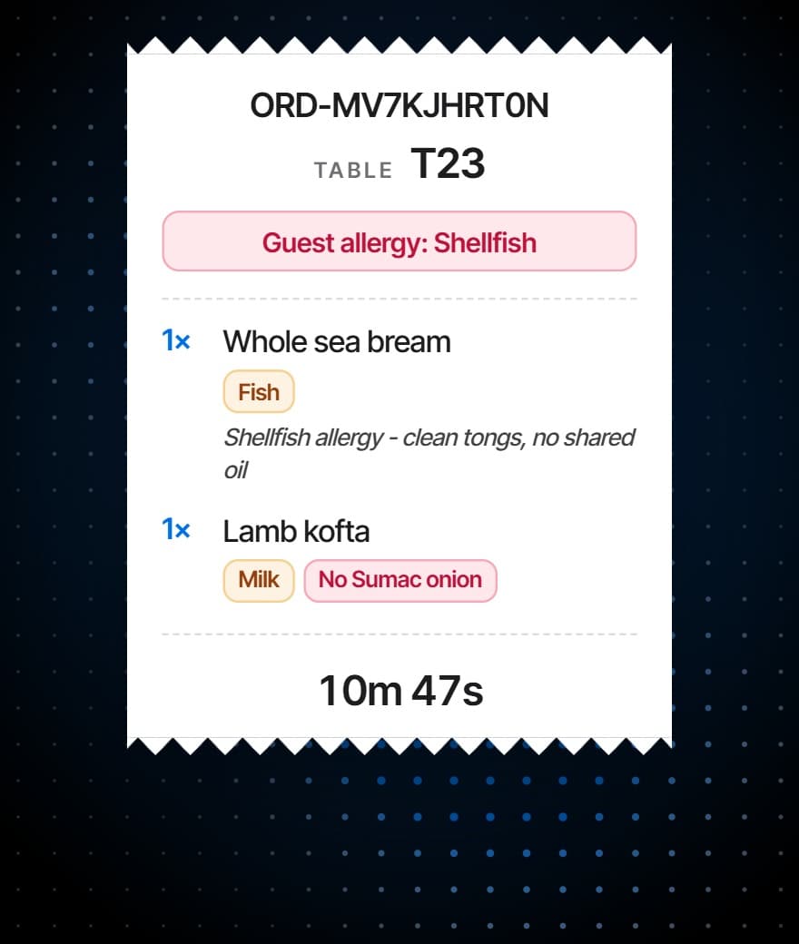 A kitchen ticket with the guest's shellfish allergy across its head, a note for the cook and a dish without its sumac onion