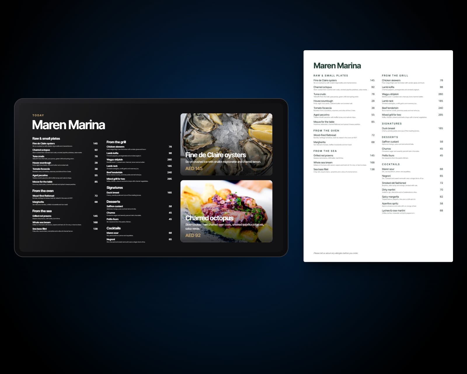 A menu board on a screen and a printed menu designed from the same live menu, side by side