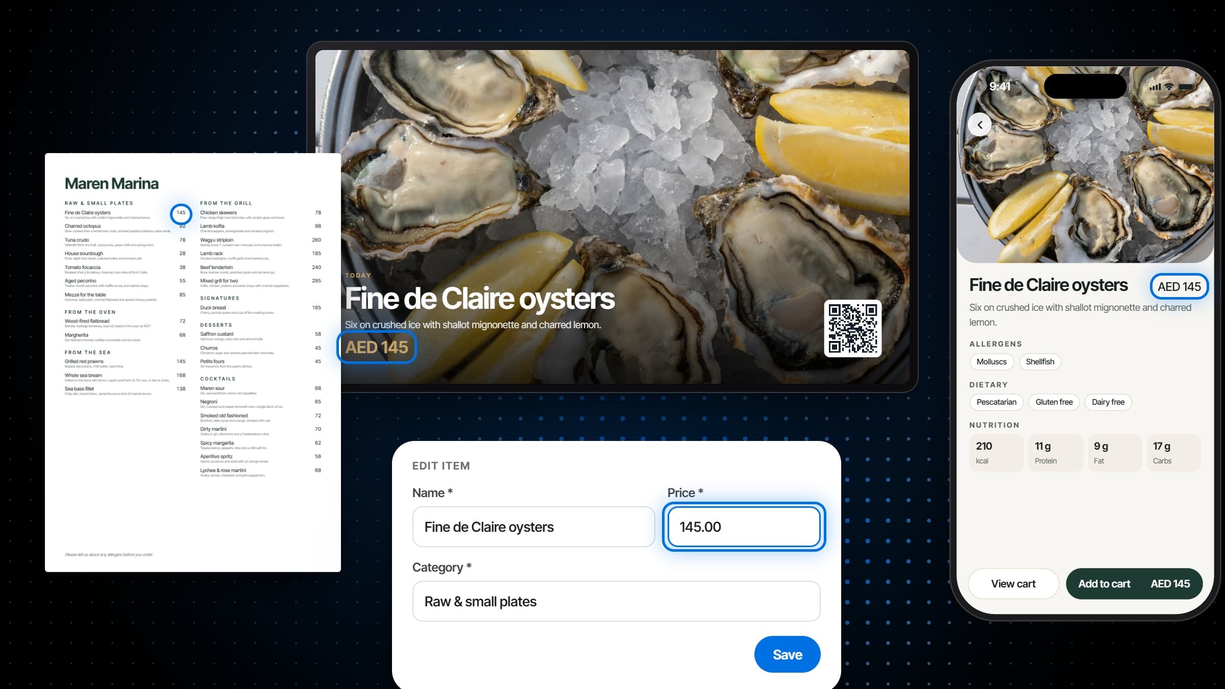One dish at the same price everywhere: its editor, a board on a screen, the phone menu and a printed sheet
