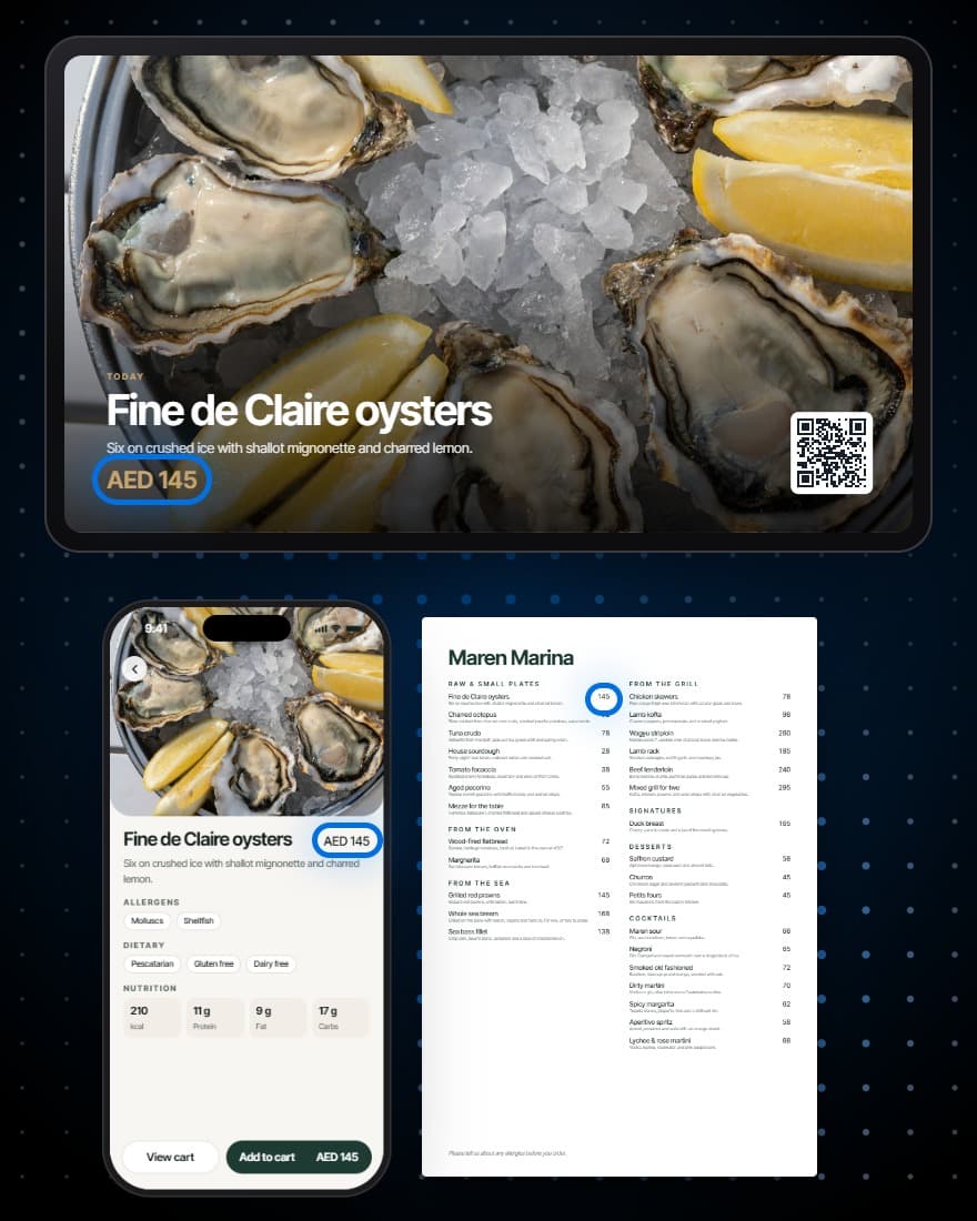 One dish at the same price everywhere: its editor, a board on a screen, the phone menu and a printed sheet