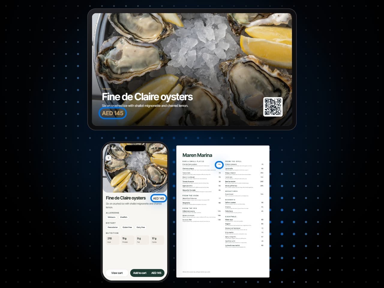 One dish at the same price everywhere: its editor, a board on a screen, the phone menu and a printed sheet