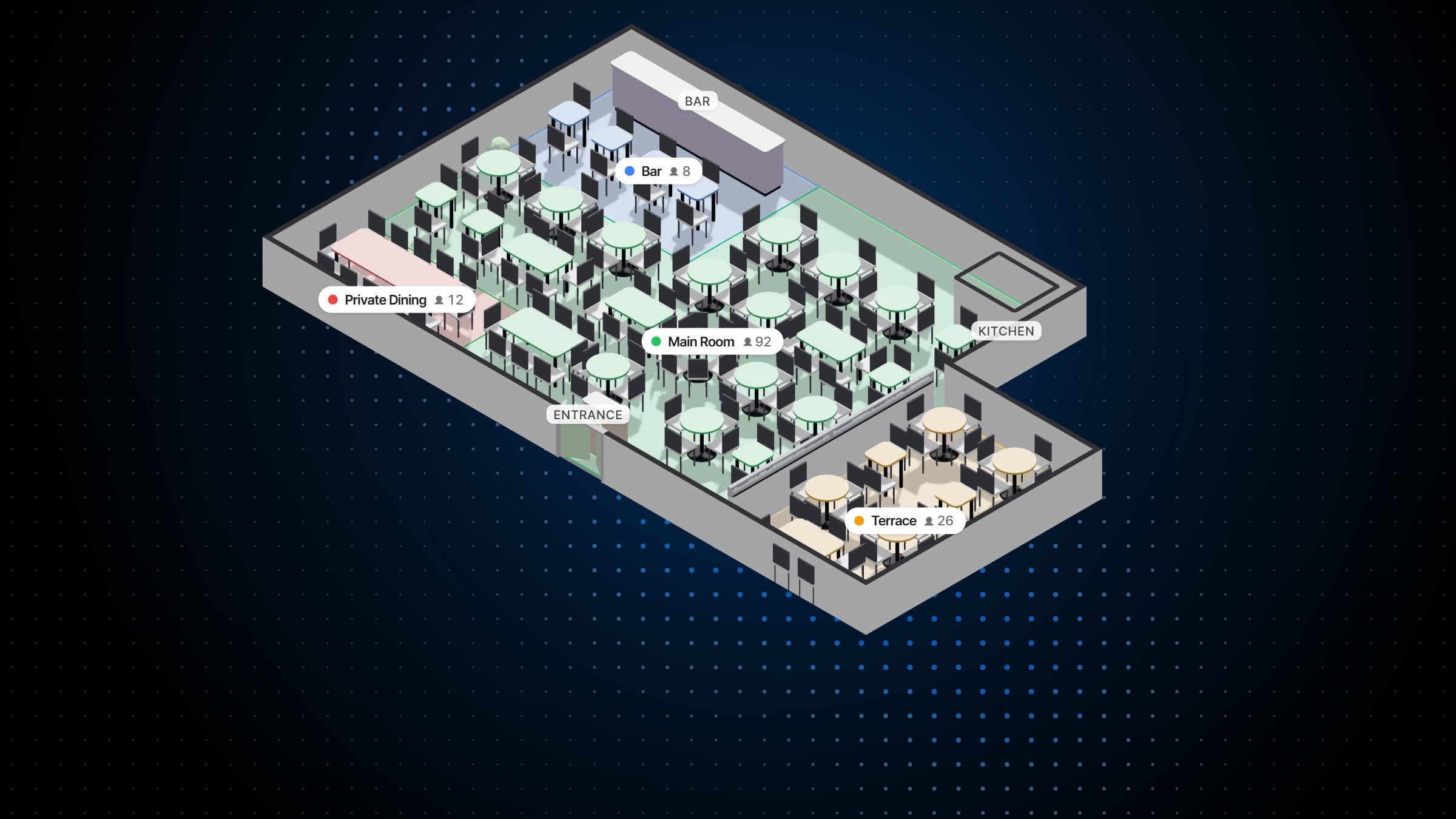 The same room in 3D, its walls cut down and every table set with its chairs, its zones named, to turn round by hand