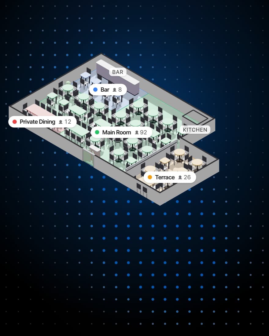 The same room in 3D, its walls cut down and every table set with its chairs, its zones named, to turn round by hand