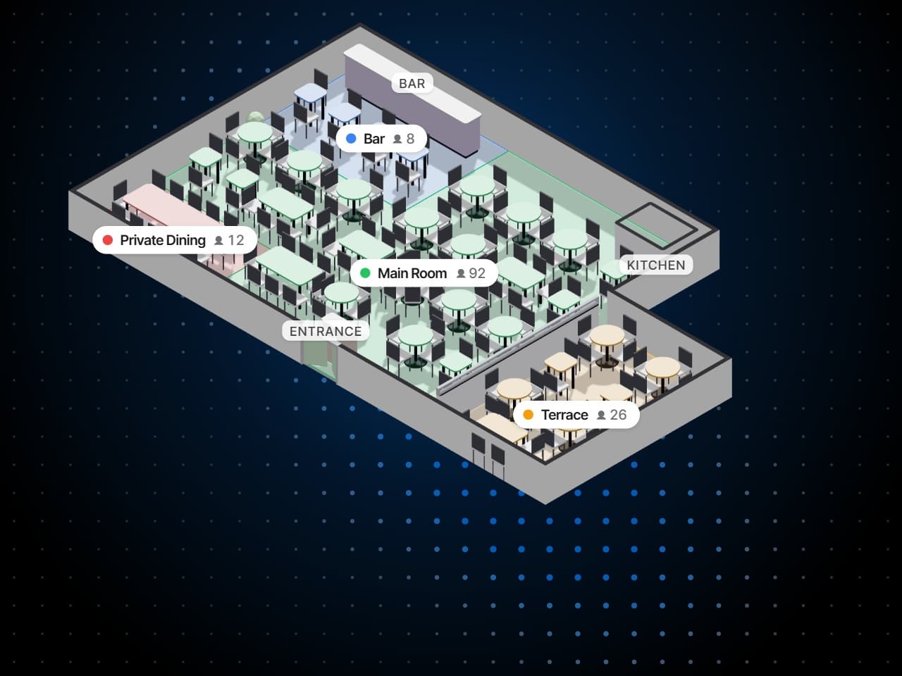 The same room in 3D, its walls cut down and every table set with its chairs, its zones named, to turn round by hand