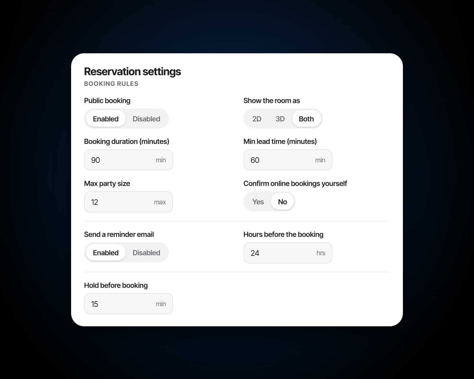 Booking rules in the reservation settings: how long a booking lasts, the largest party, the notice needed, confirmation, reminders and the hold