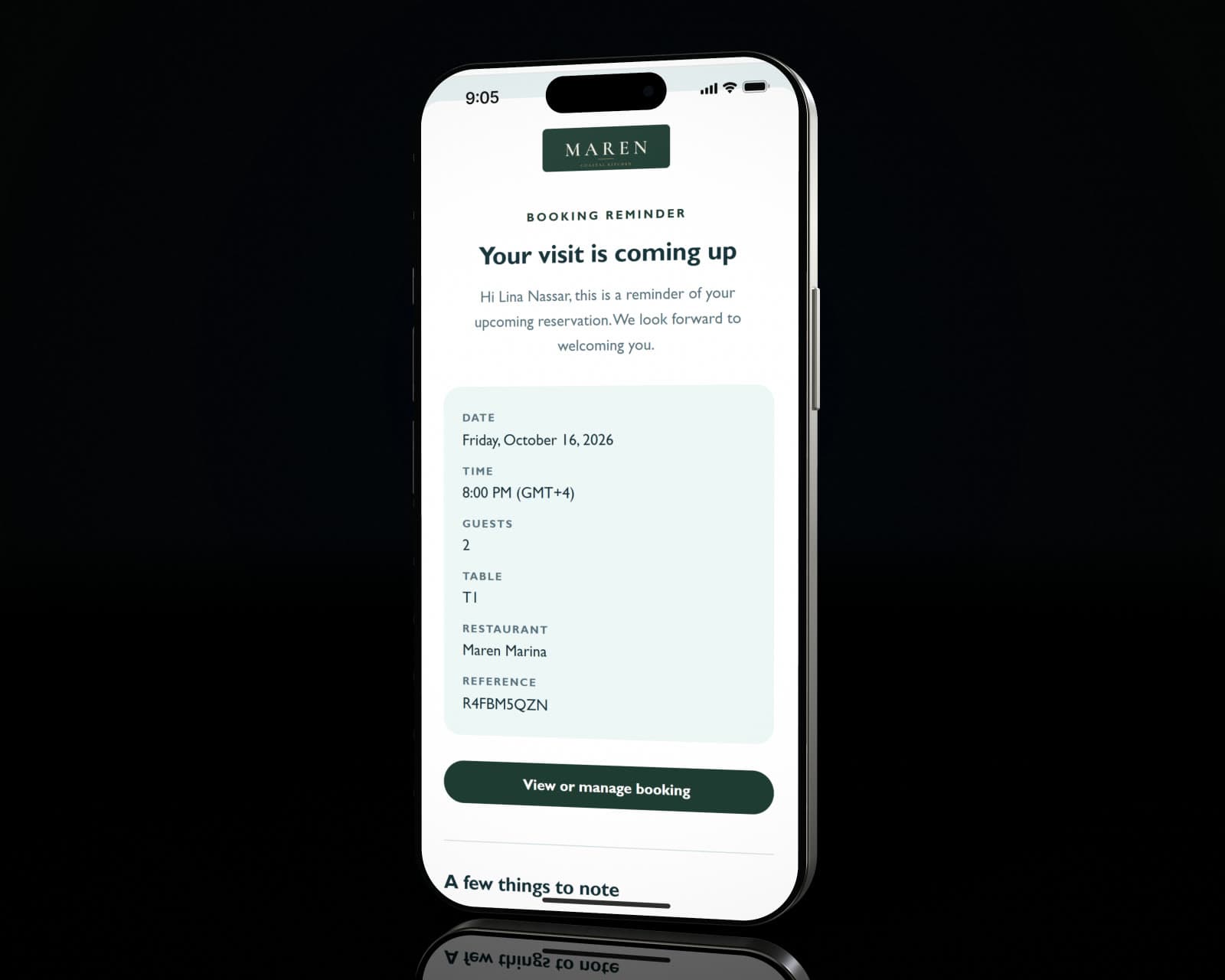 A reminder email the day before a booking, with the guest's link to change or cancel it