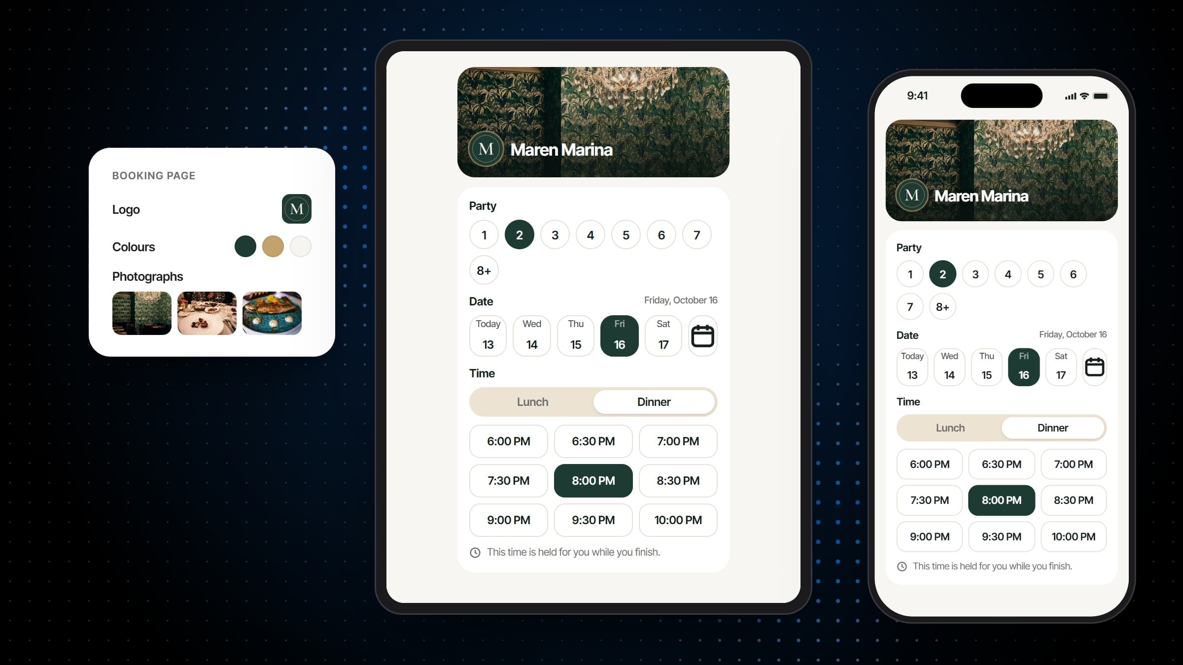 A booking page's logo, colours and photographs, and the page in them on a tablet and a phone