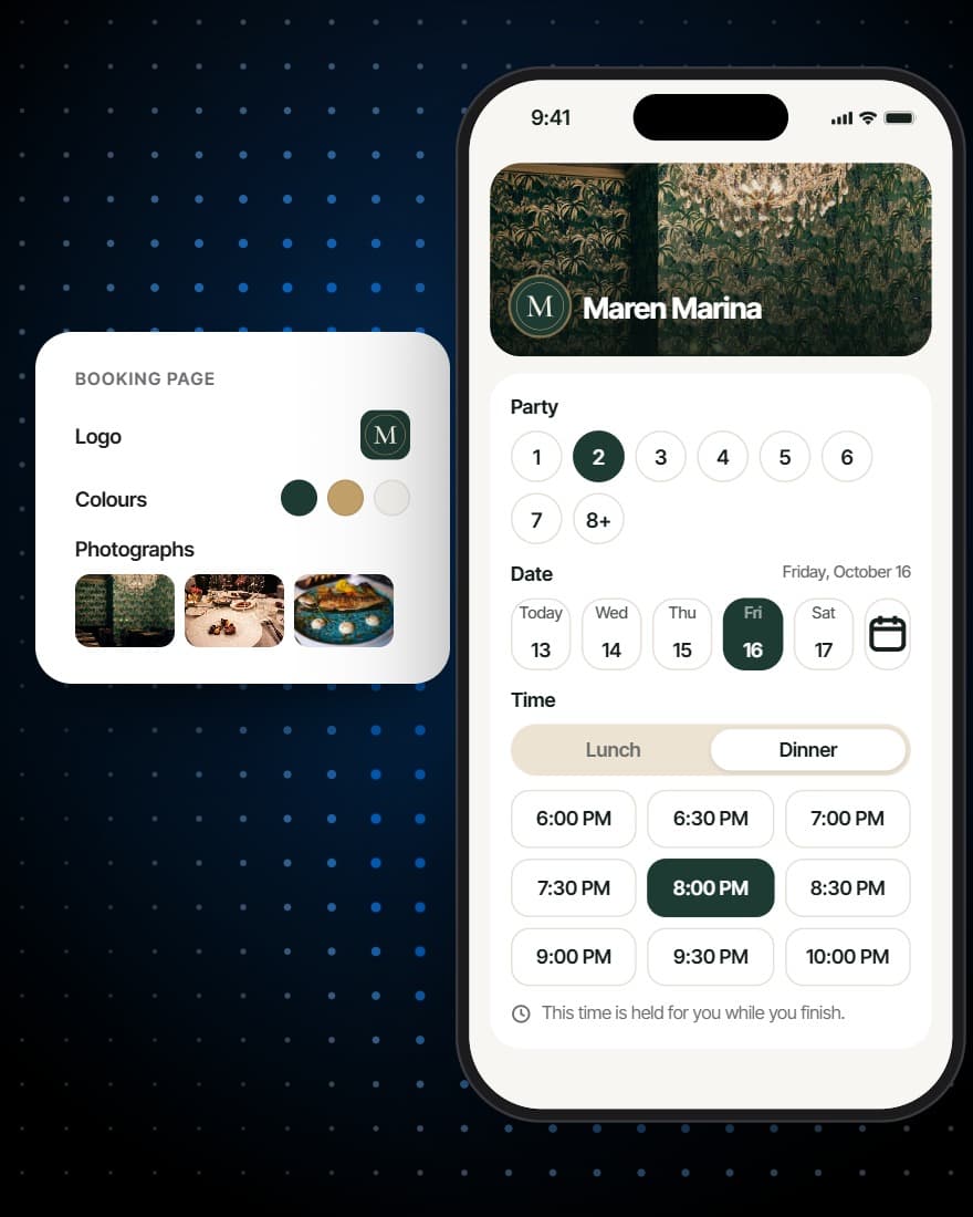 A booking page's logo, colours and photographs, and the page in them on a tablet and a phone