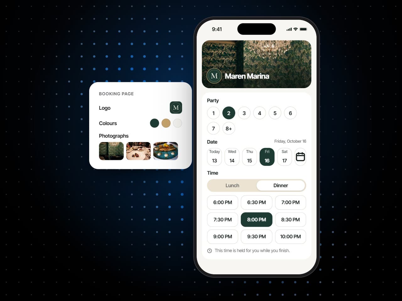 A booking page's logo, colours and photographs, and the page in them on a tablet and a phone