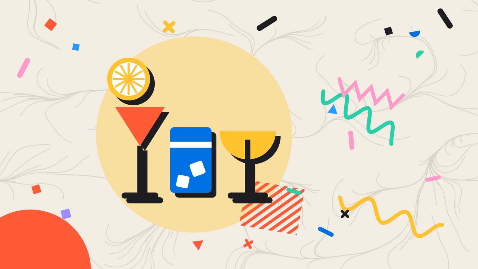 Illustration for bar stock checklist: a wine glass, a tumbler and a cocktail beside a slice of lemon, in yellow and coral on cream.