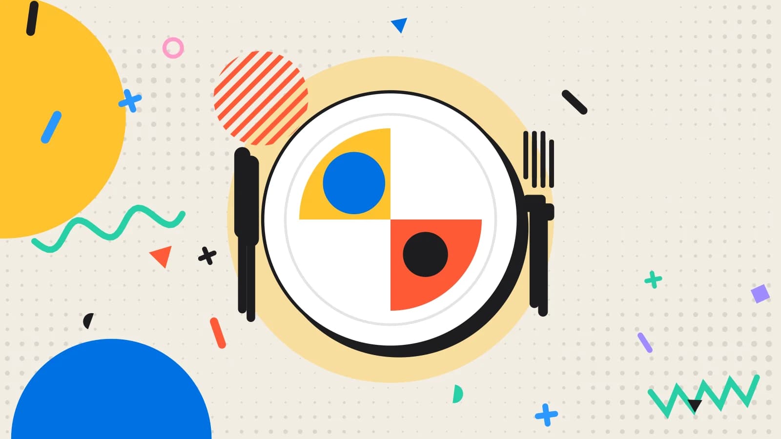 Illustration for costing audit: a plate seen from above, divided into coloured portions, with a fork and knife, in yellow and coral on cream.