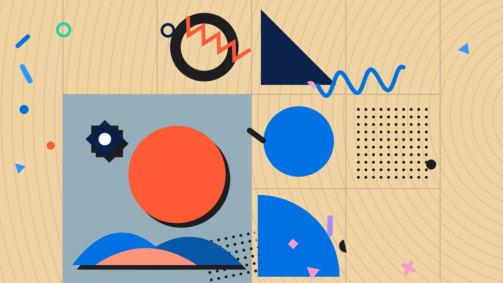 Illustration for halal menu: a sun setting behind layered dunes, with an eight point star, in blue and coral on sand.