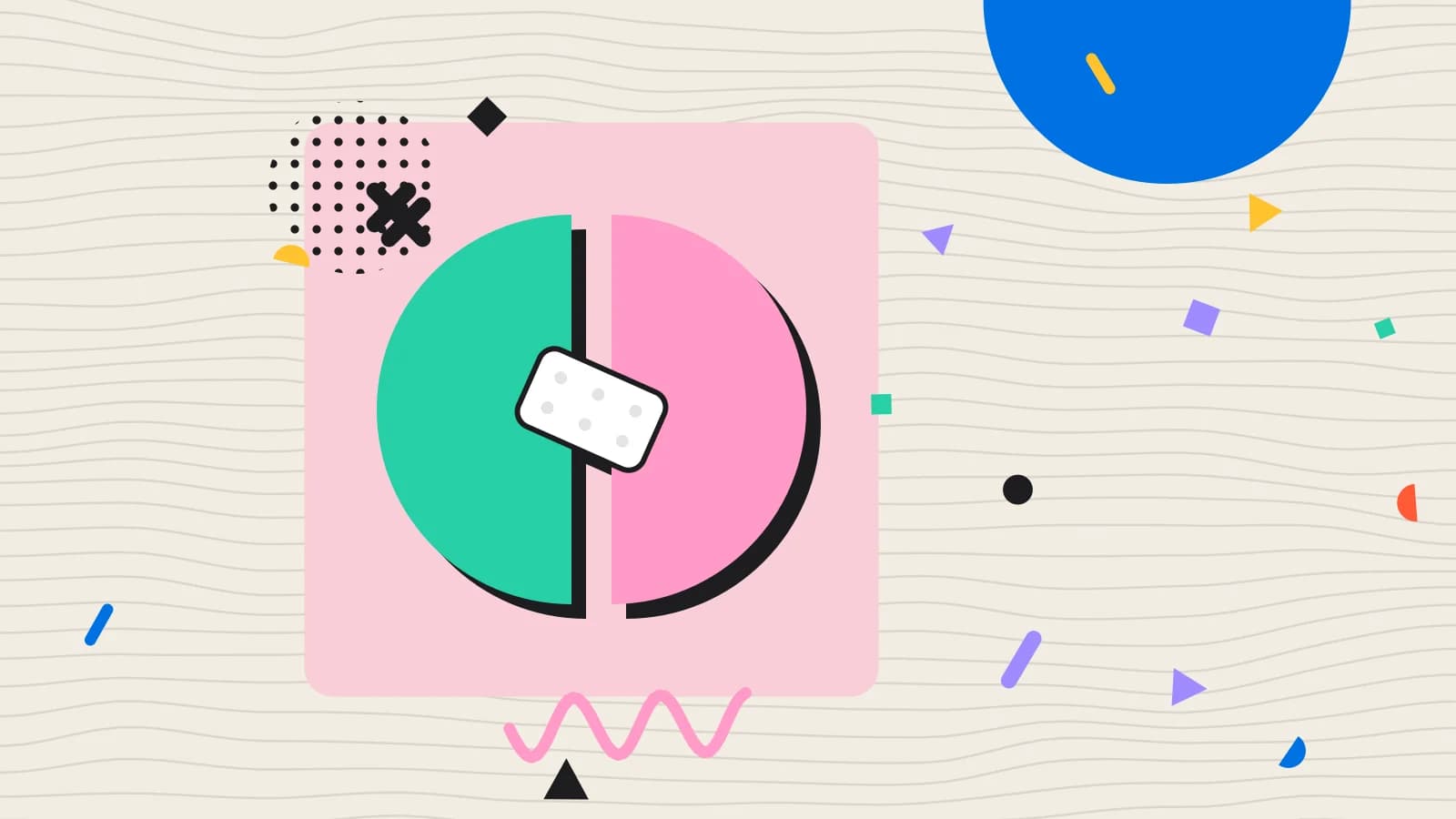 Illustration for a late main course: a split circle held together by a plaster, in pink and mint on cream.