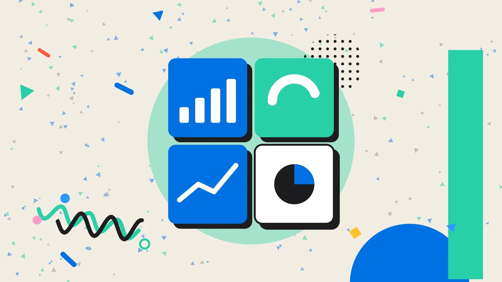 Illustration for marketing report: a dashboard of four tiles, each with a small chart, in mint and blue on cream.