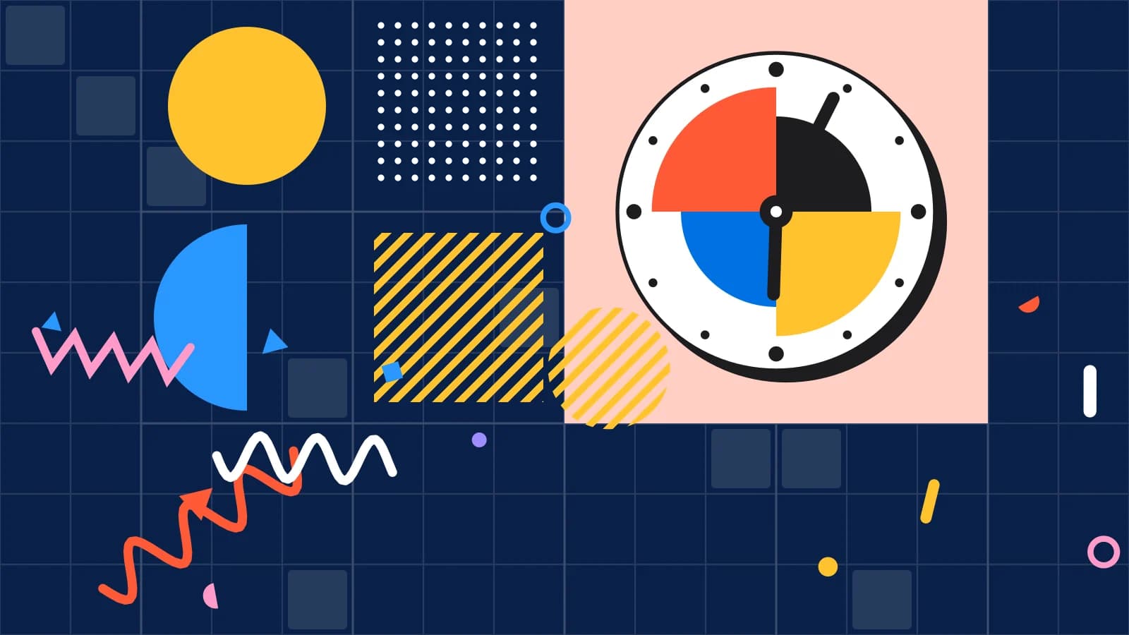 Illustration for no show policy: a clock face made of quarter circles, in coral and yellow on navy.