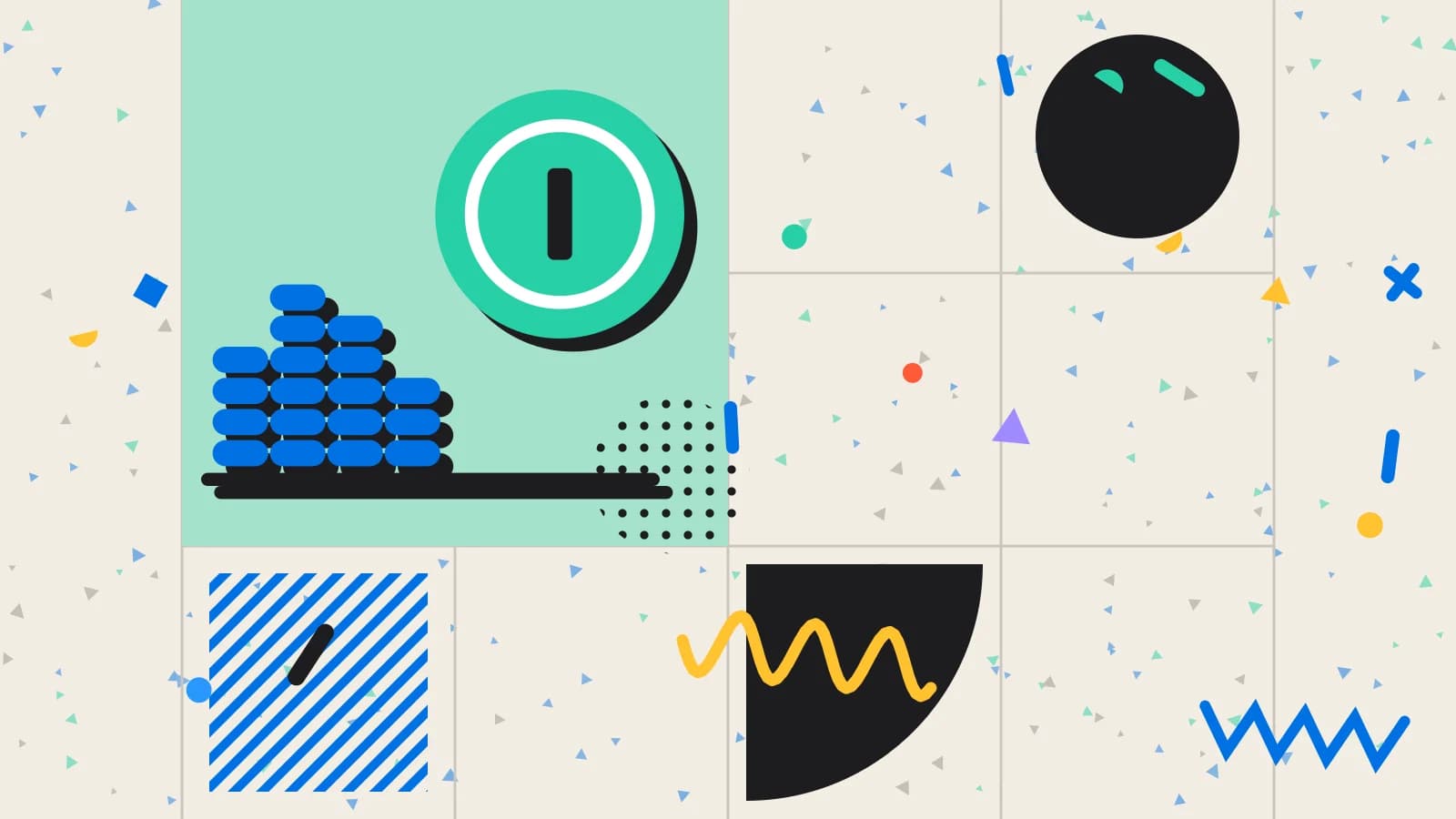 Illustration for restaurant budget: stacked coins beside a large coin, in mint and blue on cream.