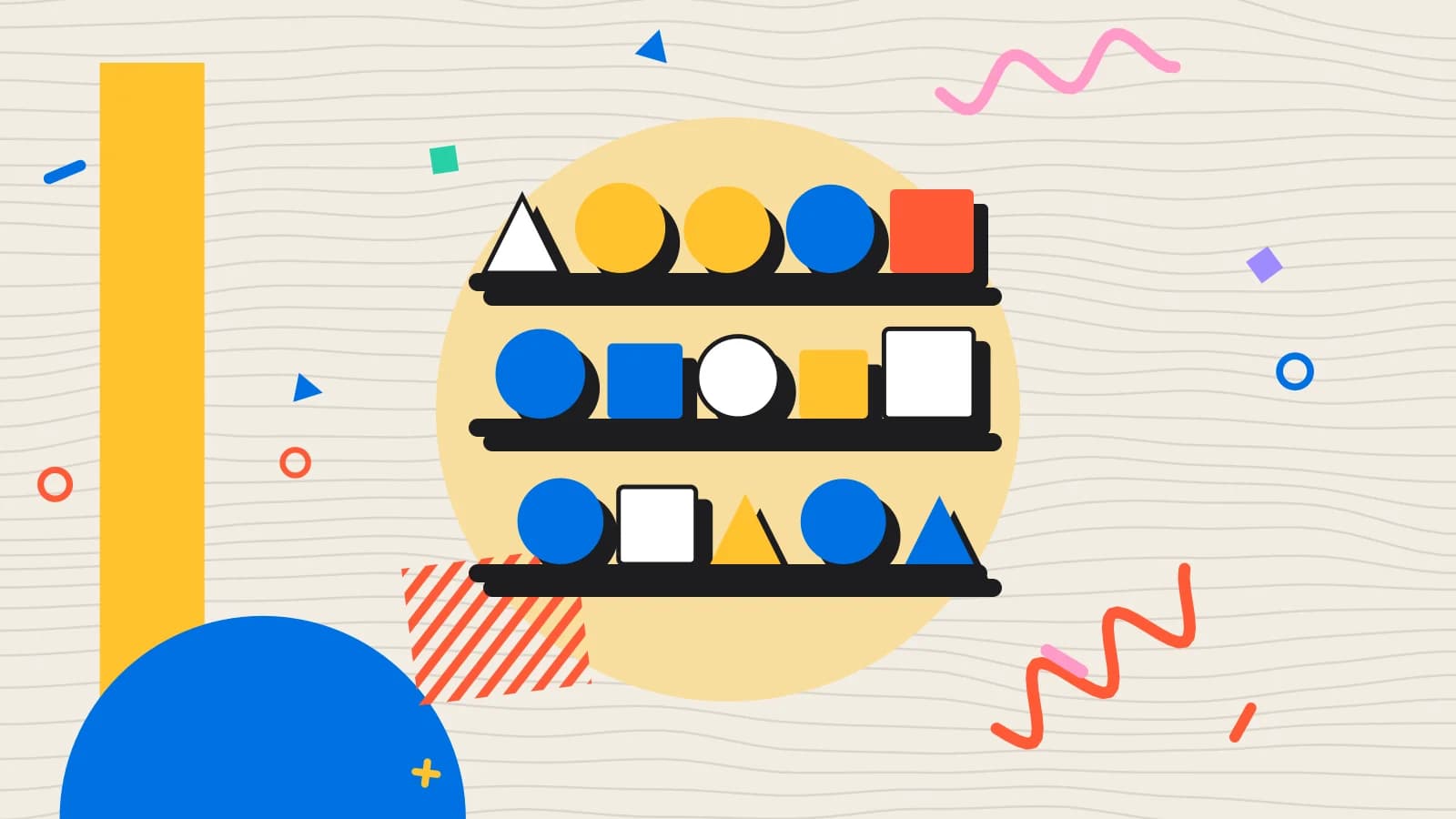 Illustration for stocktake checklist: shelves of shapes waiting to be counted, in yellow and coral on cream.