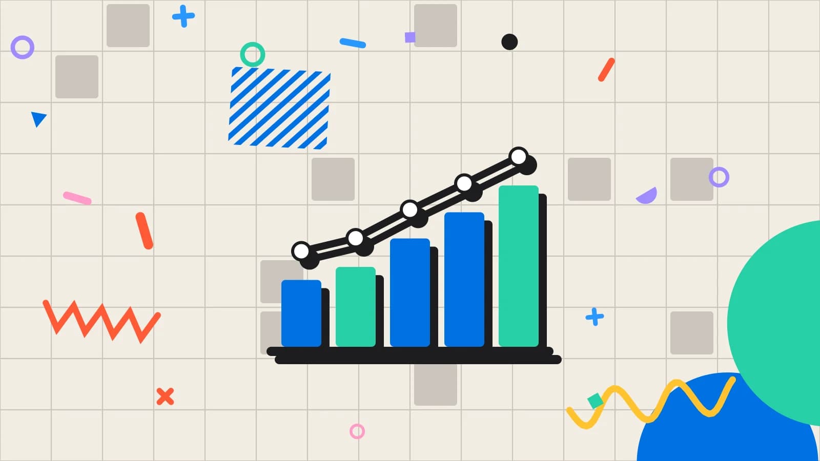 Illustration for service report: a bar chart with a rising line, in mint and blue on cream.