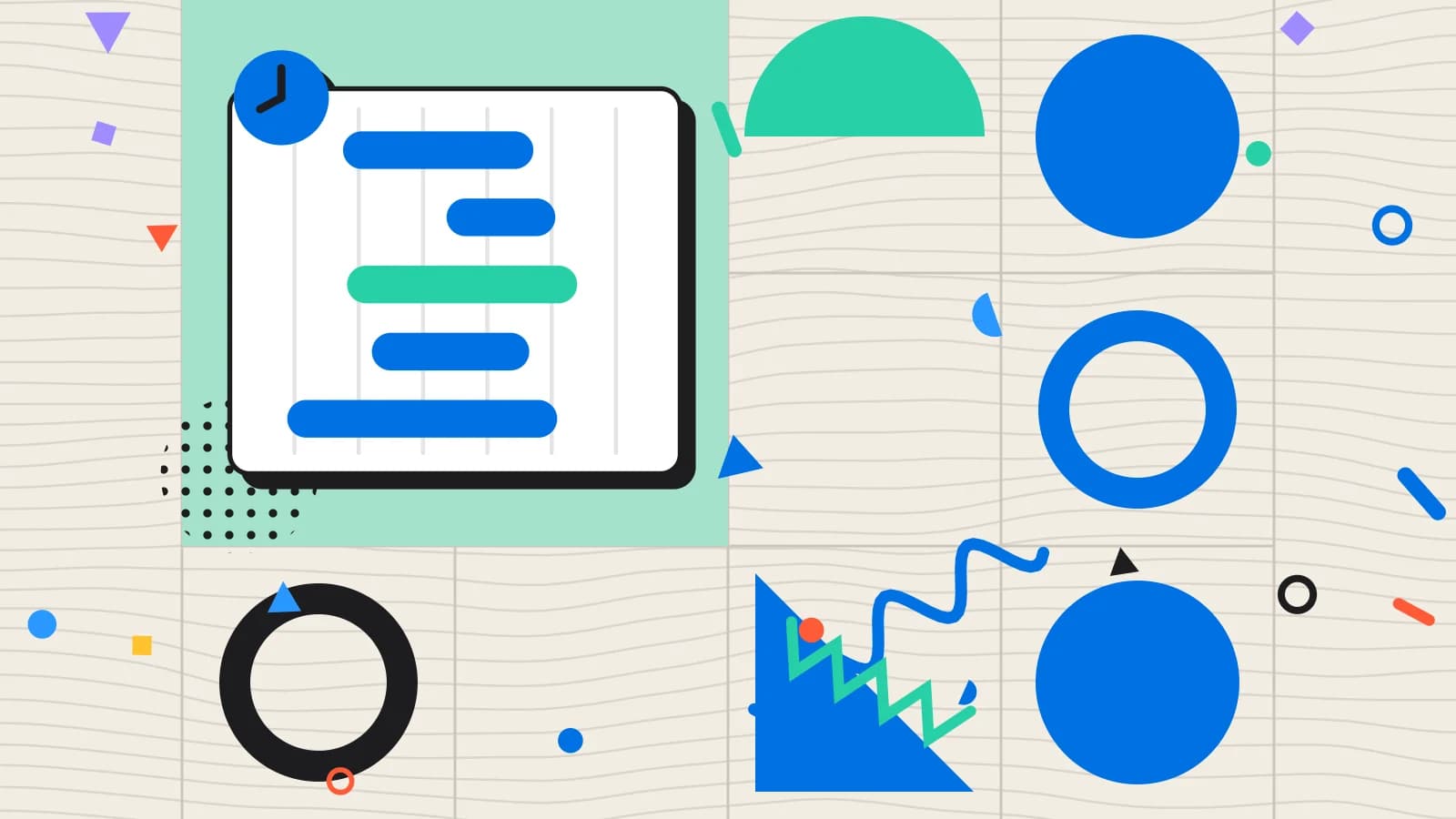 Illustration for staff rota: a rota of shift bars on a grid, in mint and blue on cream.