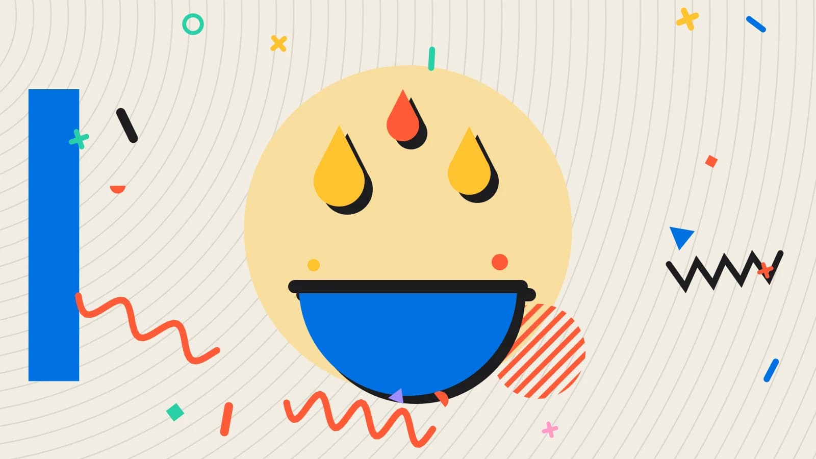 Illustration for waste audit: drops falling into a bowl, in yellow and coral on cream.