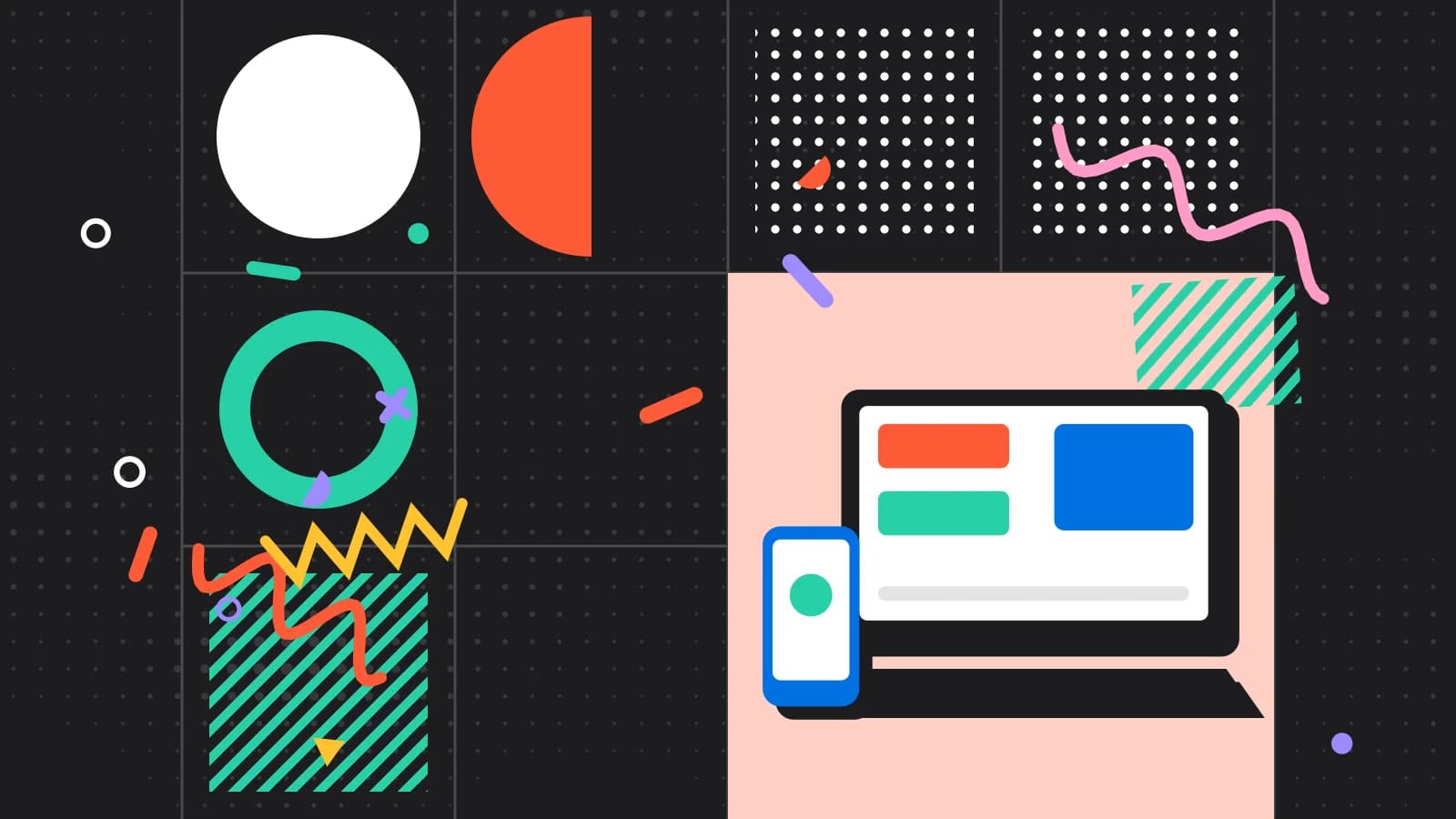 Illustration for accounting integration: a laptop and a phone showing simple blocks, in coral and mint on black.