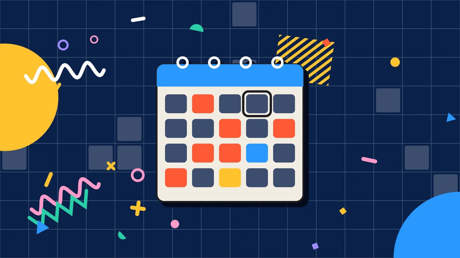 Illustration for arrival flow: a booking diary with filled time slots, in coral and yellow on navy.