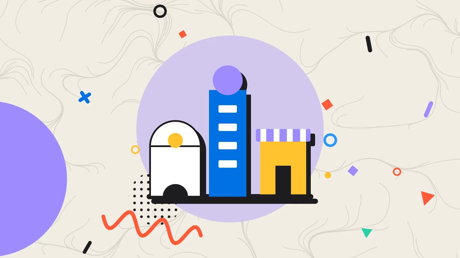 Illustration for bar operations: a row of buildings made of simple shapes, in lilac and yellow on cream.