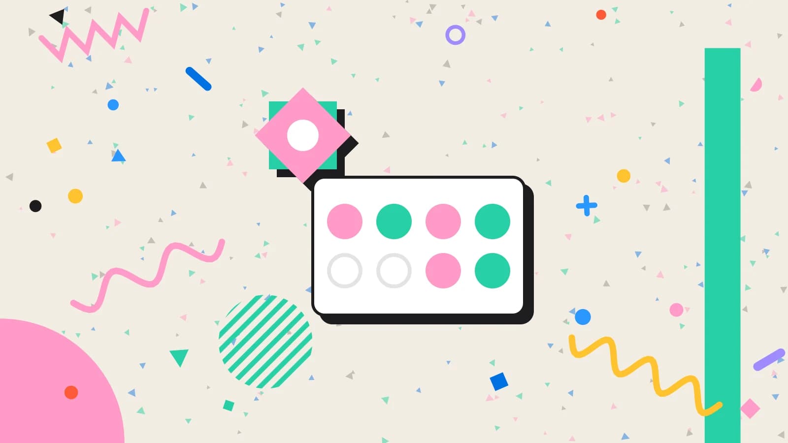 Illustration for birthday rewards: a stamp card beside an eight point star, in pink and mint on cream.