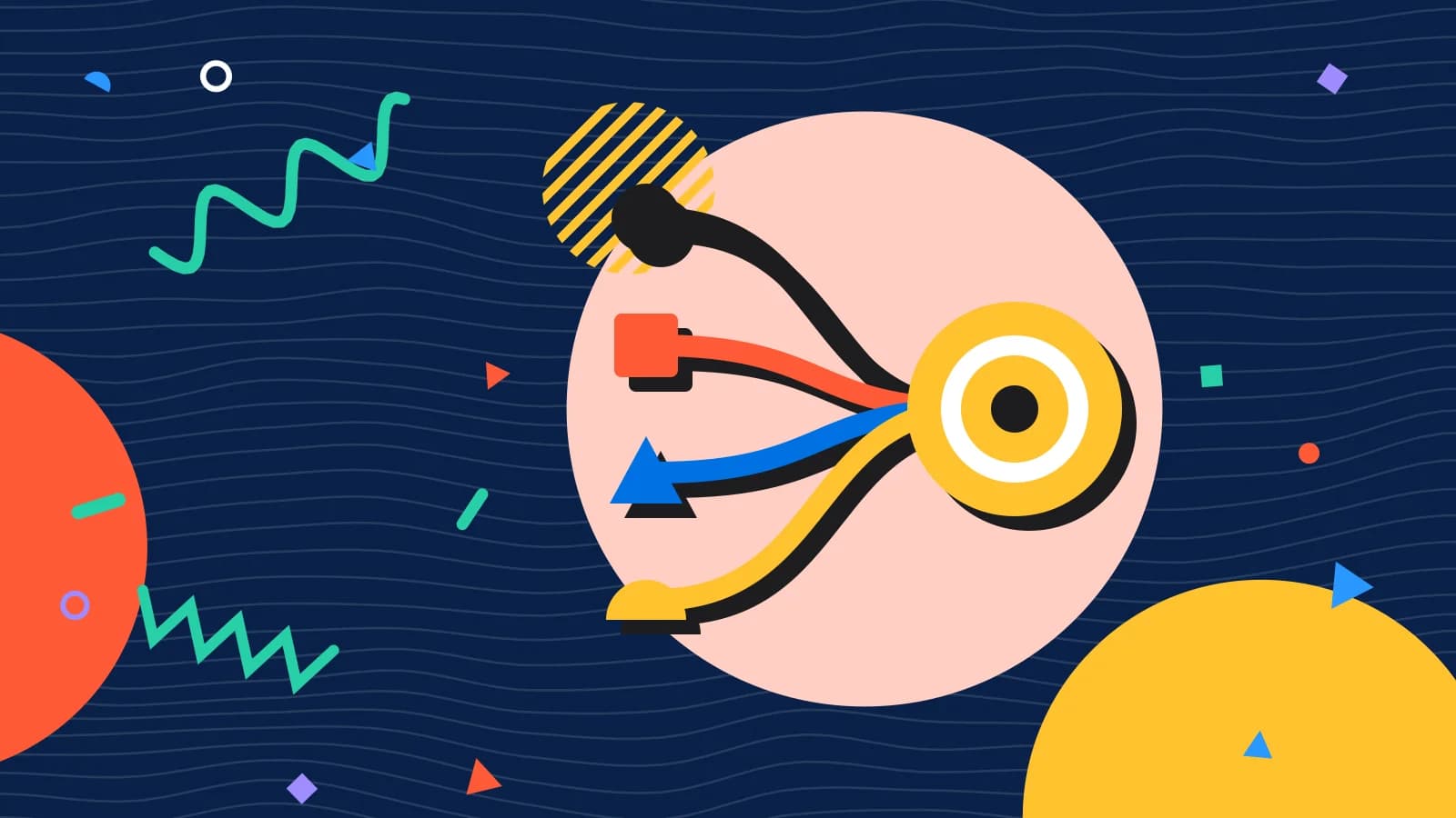 Illustration for booking form fields: four paths converging on one point, in coral and yellow on navy.