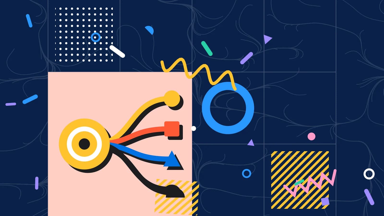 Illustration for booking links: four paths converging on one point, in coral and yellow on navy.