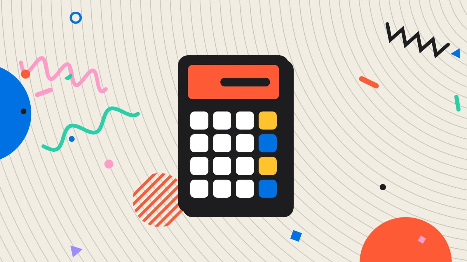 Illustration for food cost calculator: a calculator with a keypad of coloured keys, in yellow and coral on cream.