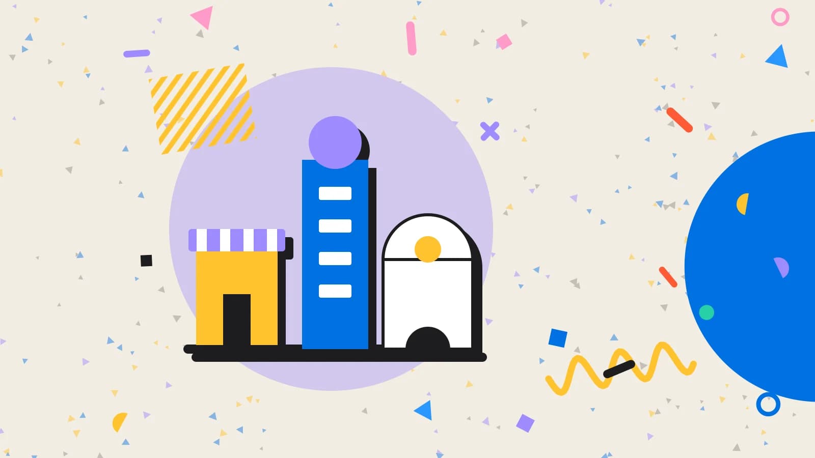 Illustration for cafe operations: a row of buildings made of simple shapes, in lilac and yellow on cream.