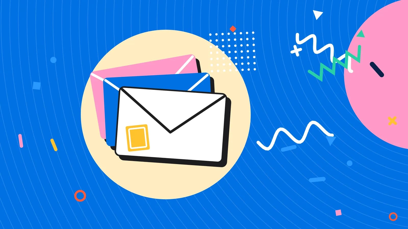 Illustration for campaign reporting: a fanned stack of envelopes with a stamp, in yellow and pink on blue.