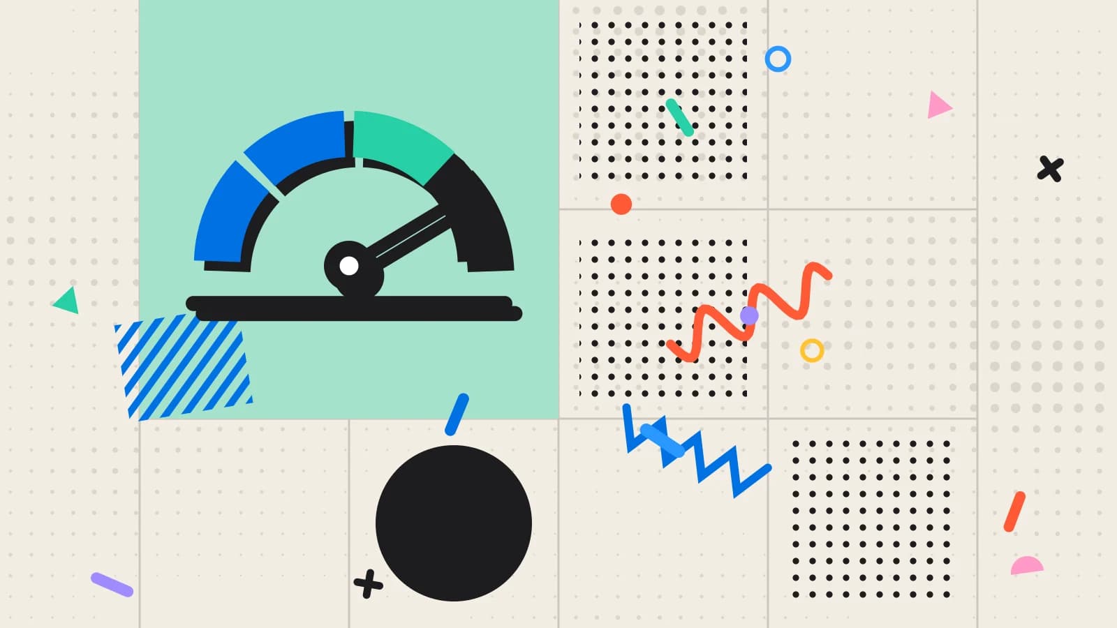Illustration for capacity utilisation: a half circle gauge with a needle, in mint and blue on cream.