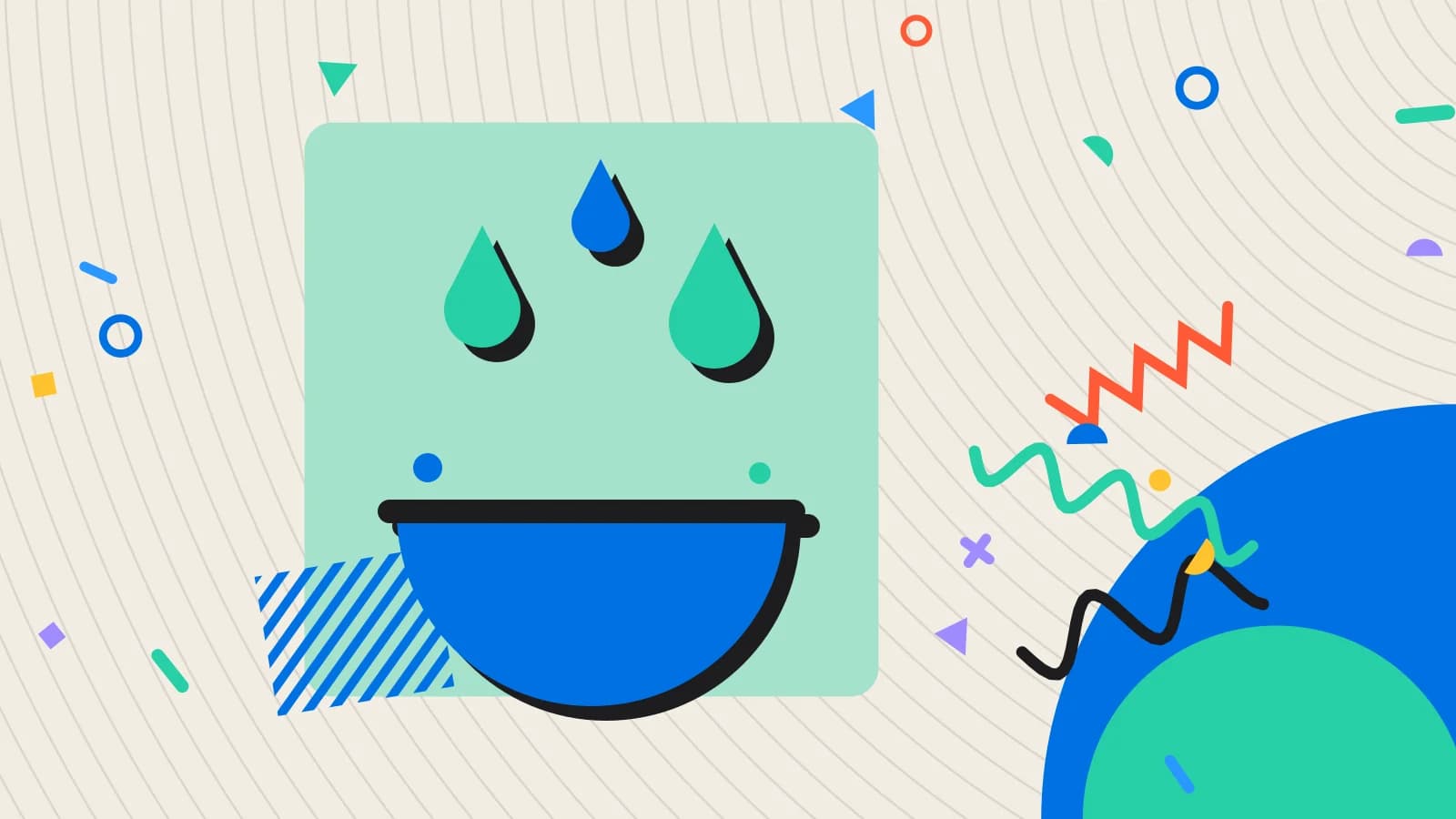 Illustration for cash flow: drops falling into a bowl, in mint and blue on cream.