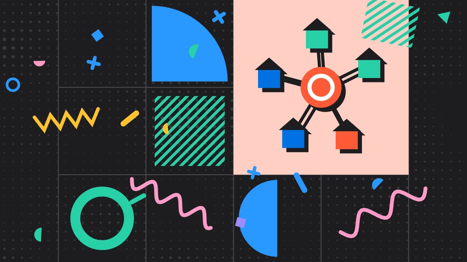 Illustration for comparing venues: venues linked to one central hub, in coral and mint on black.
