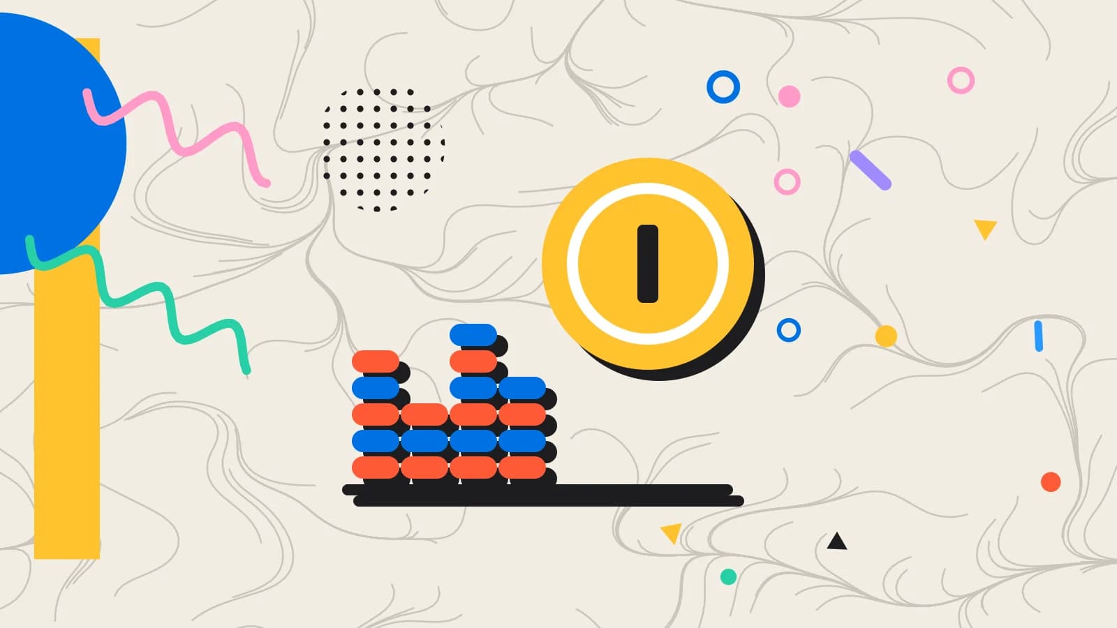 Illustration for cost of goods sold: stacked coins beside a large coin, in yellow and coral on cream.