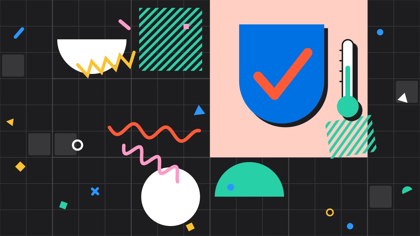 Illustration for data protection: a shield with a check mark beside a thermometer, in coral and mint on black.